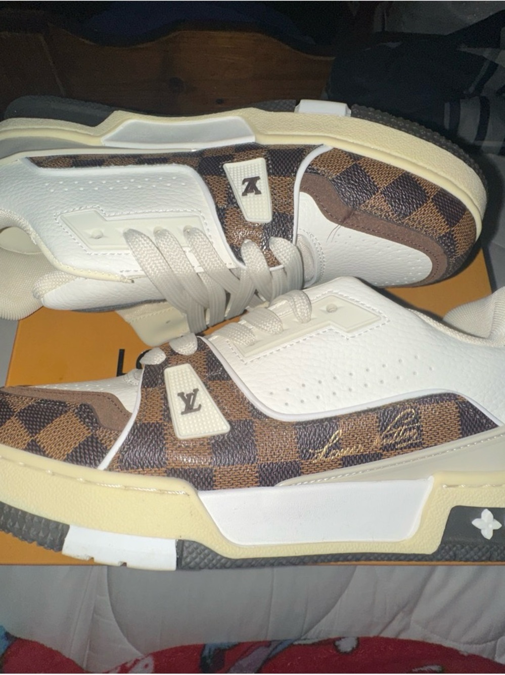 Men's Louis Vuitton White & Brown Checker Athletic Sneakers